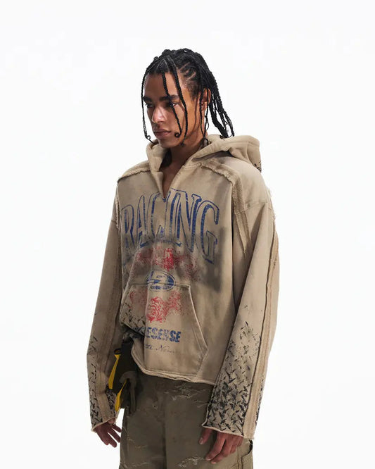 Peoplesense Distressed Vintage Racing Print Hoodie