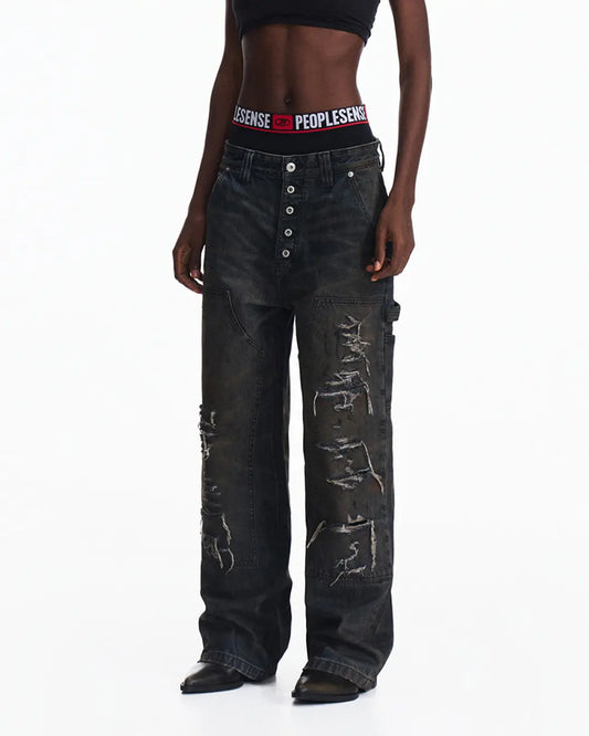 Peoplesense Irregular Hole Mud-Dye Jeans