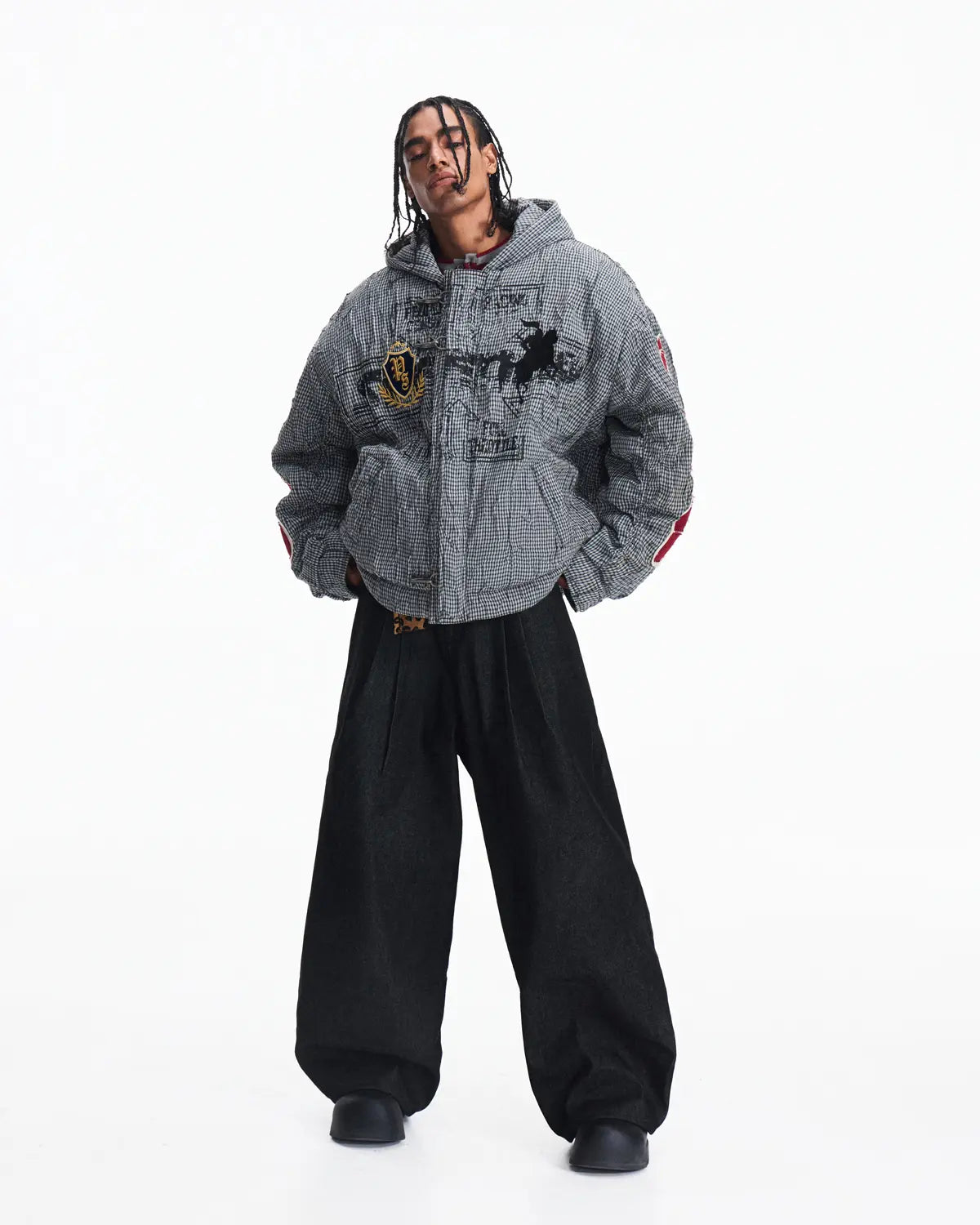 Peoplesense Hooded Plaid Texture Racer Jacket