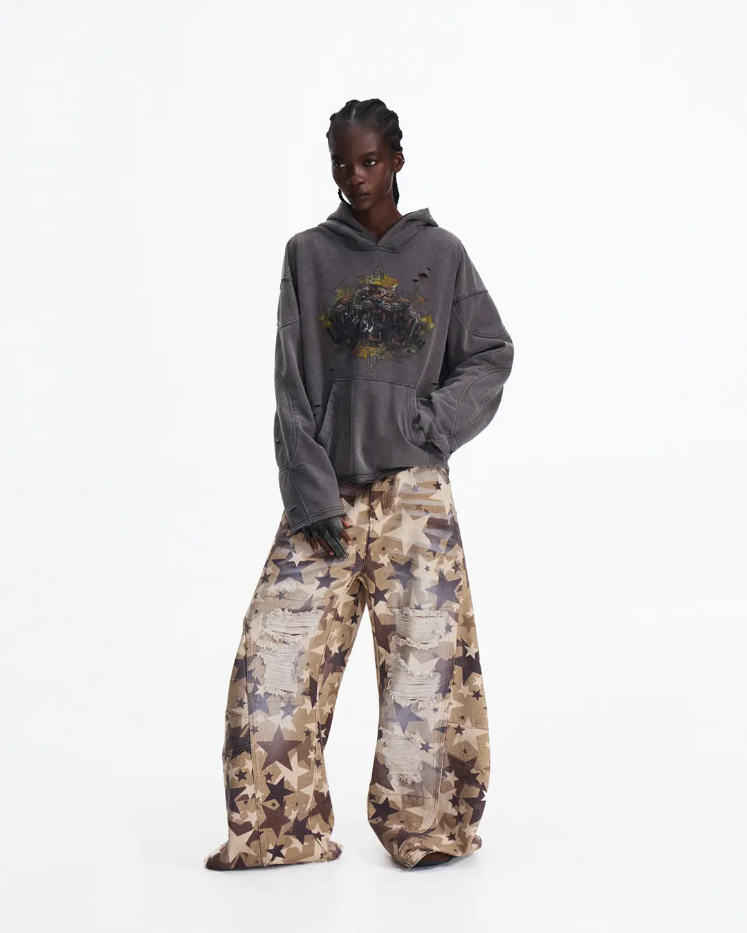 Peoplesense Tiger Print Distressed Hoodie