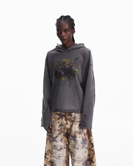 Peoplesense Tiger Print Distressed Hoodie