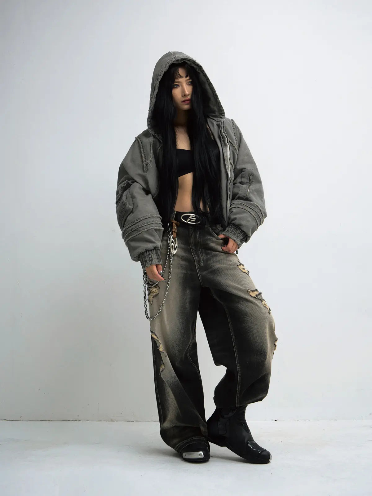 Peoplesense Black Mud Ripped Baggy Jeans