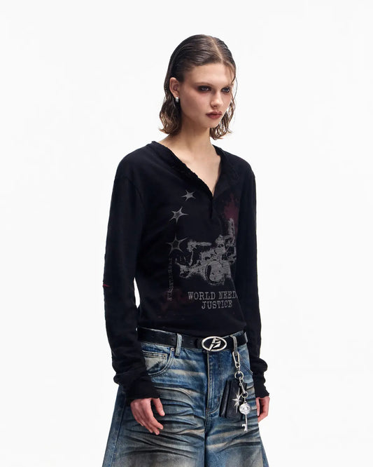 Peoplesense Embroidered Henley Sleeve T-Shirt