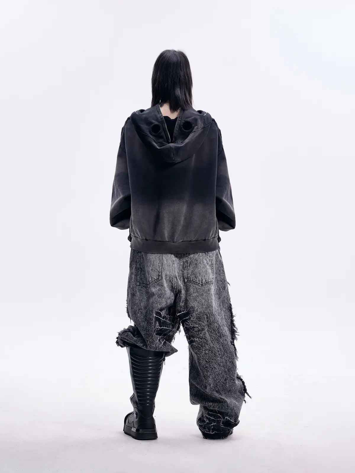 Peoplesense Ripped Full Zip Face Mask Hoodie(Black and Red)