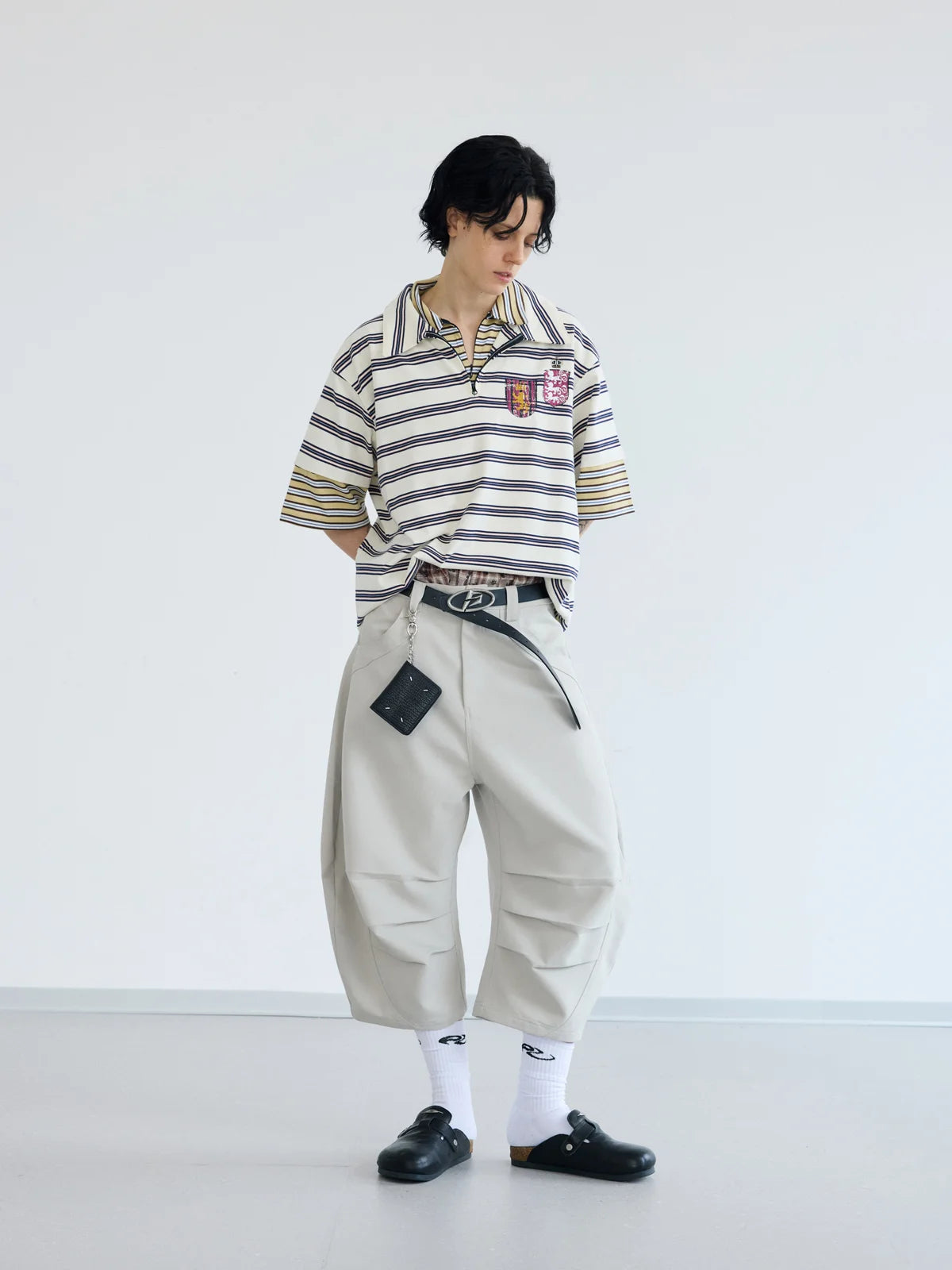 Peoplesense Layered Collar Zip Stripe Polo Shirt