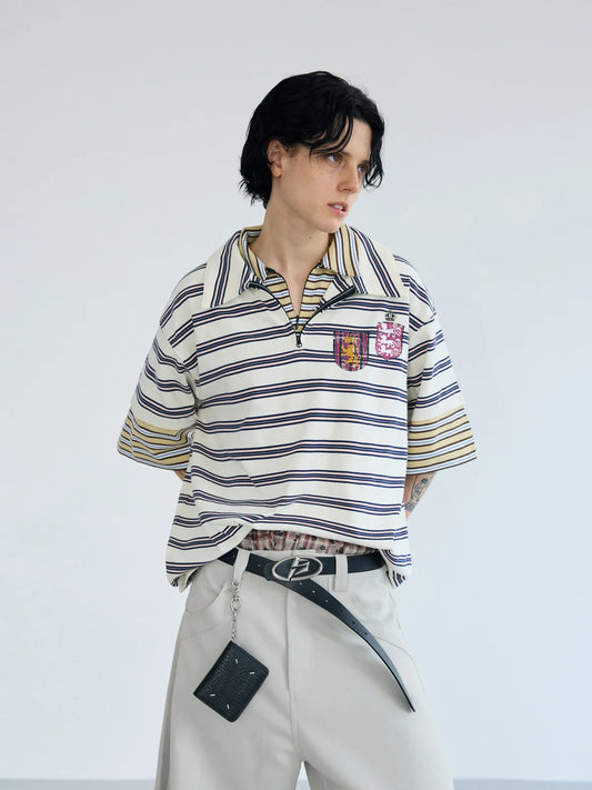 Peoplesense Layered Collar Zip Stripe Polo Shirt