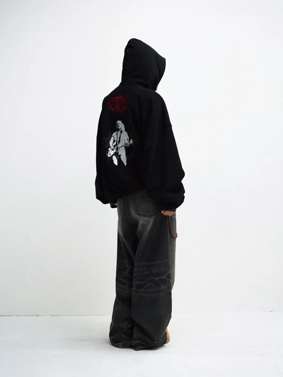 Peoplesense Black Embroidered Print Oversized Hoodie