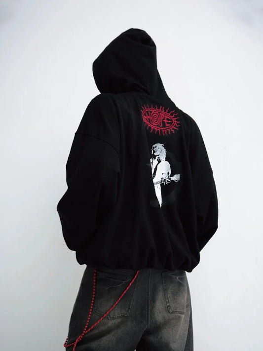 Peoplesense Black Embroidered Print Oversized Hoodie