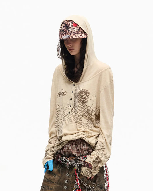 Peoplesense Vintage Mesh Fitted Hoodie Beige