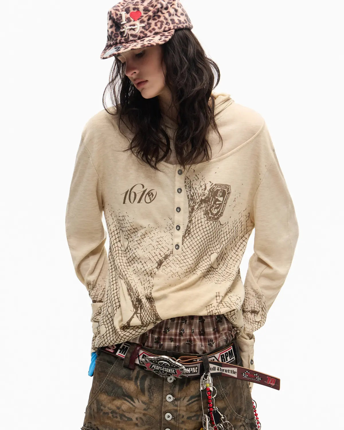 Peoplesense Vintage Mesh Fitted Hoodie Beige