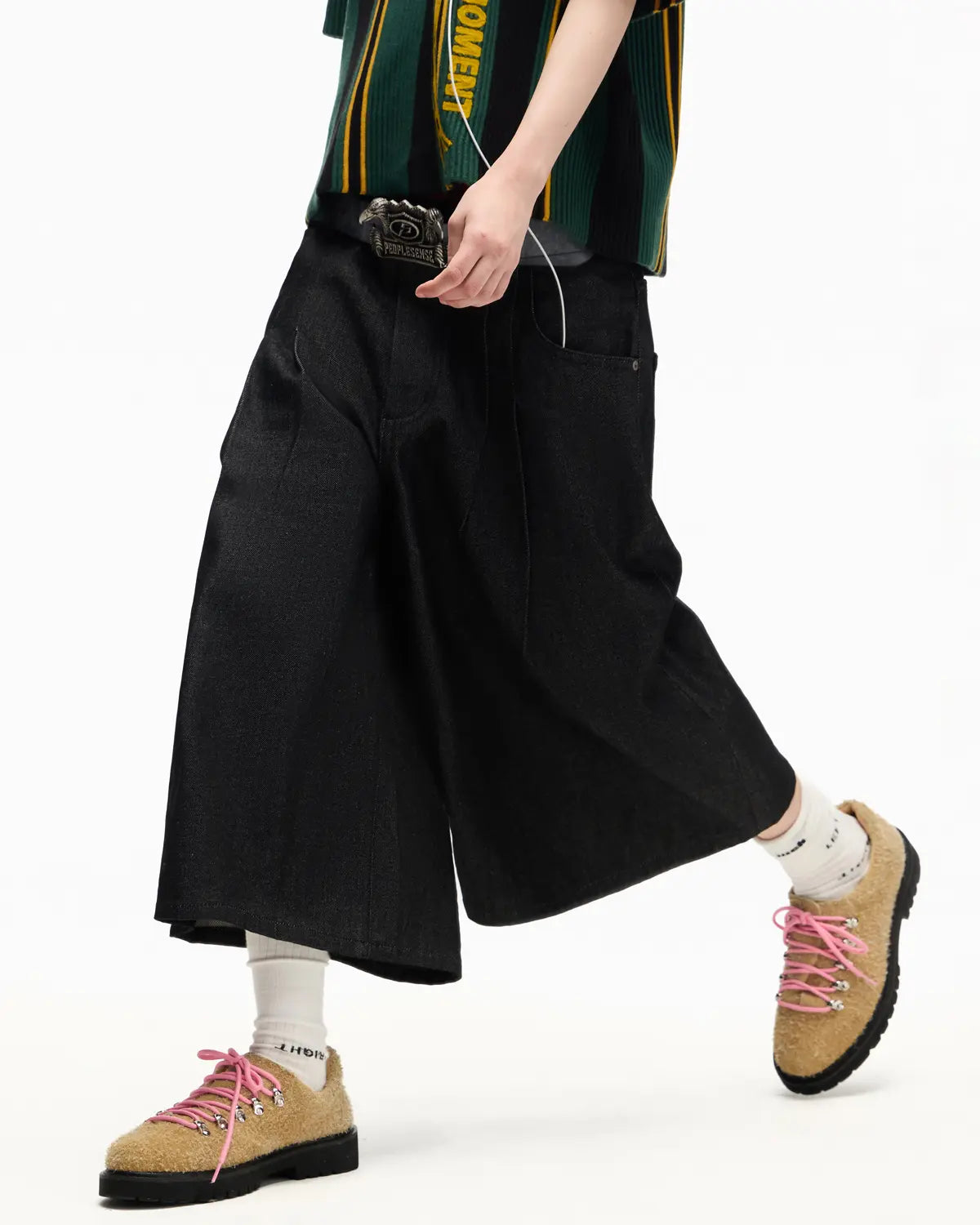 Peoplesense Raw Denim Pleated Cropped Pants