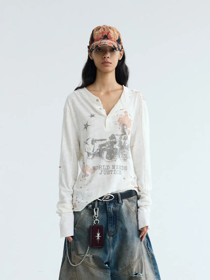 Peoplesense Embroidered Henley Sleeve T-Shirt