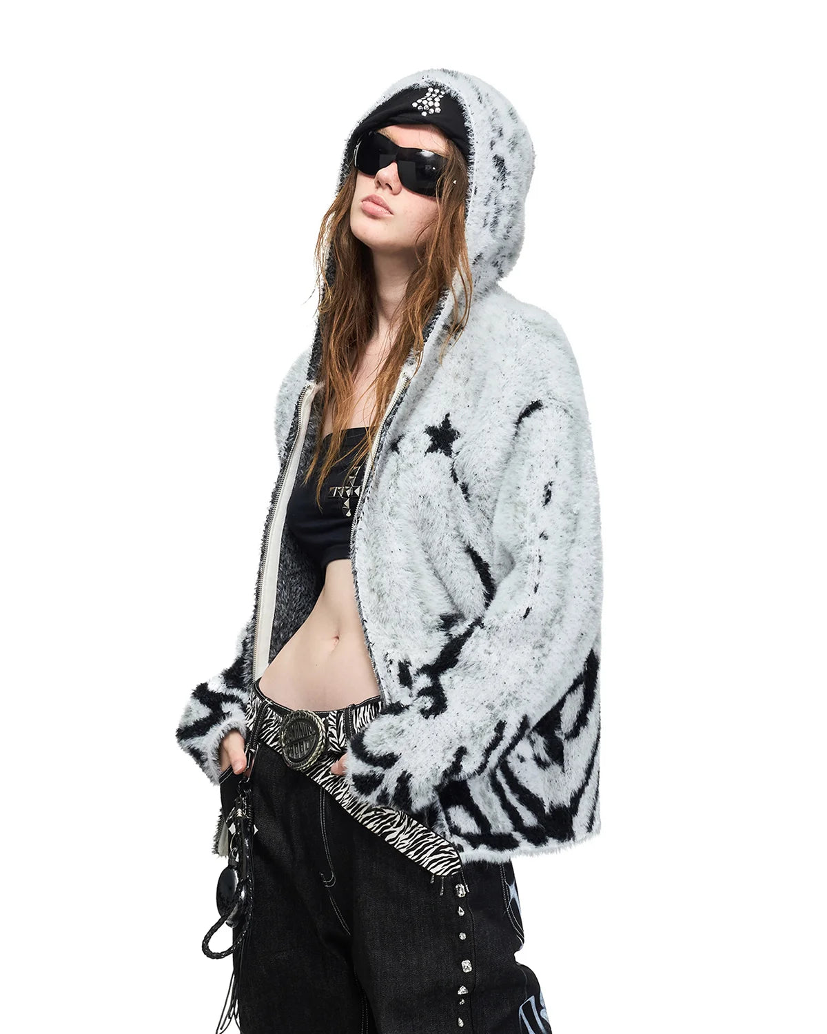 Peoplesense Tiger Jacquard Faux-Fur Knit Hooded Cardigan