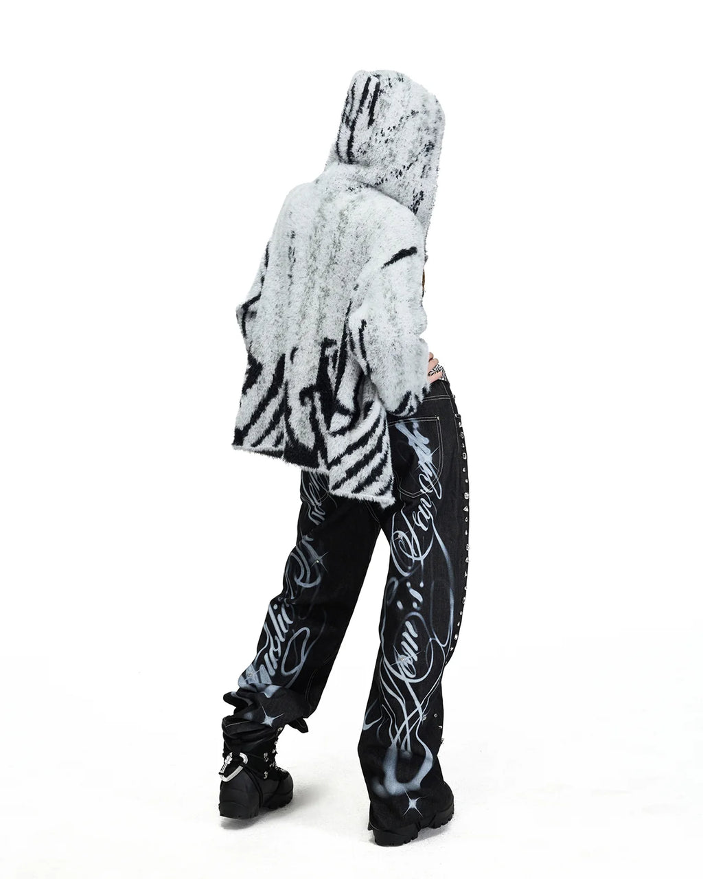Peoplesense Tiger Jacquard Faux-Fur Knit Hooded Cardigan