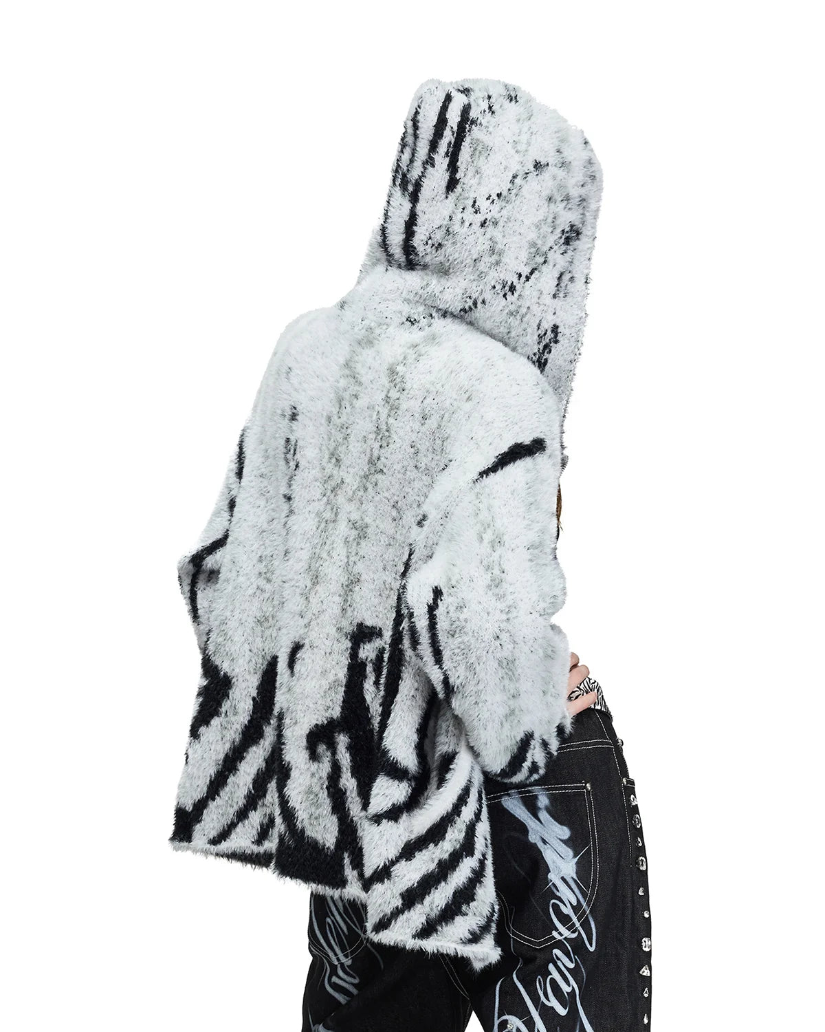 Peoplesense Tiger Jacquard Faux-Fur Knit Hooded Cardigan
