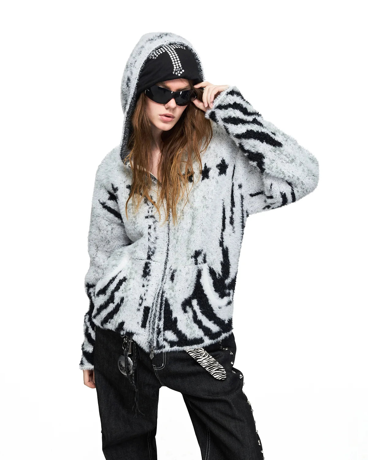 Peoplesense Tiger Jacquard Faux-Fur Knit Hooded Cardigan