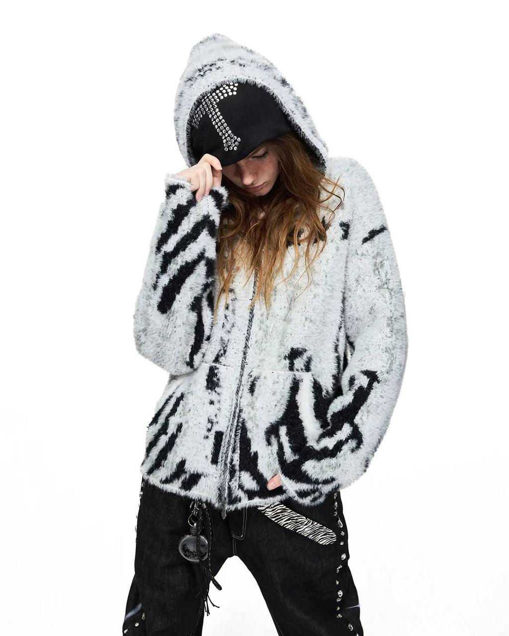 Peoplesense Tiger Jacquard Faux-Fur Knit Hooded Cardigan