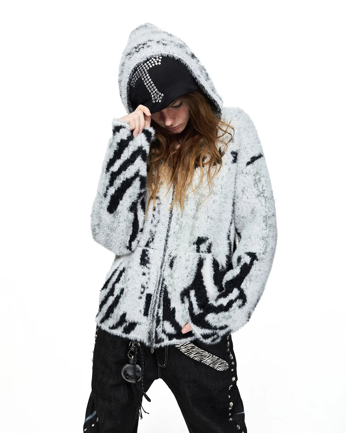 Peoplesense Tiger Jacquard Faux-Fur Knit Hooded Cardigan