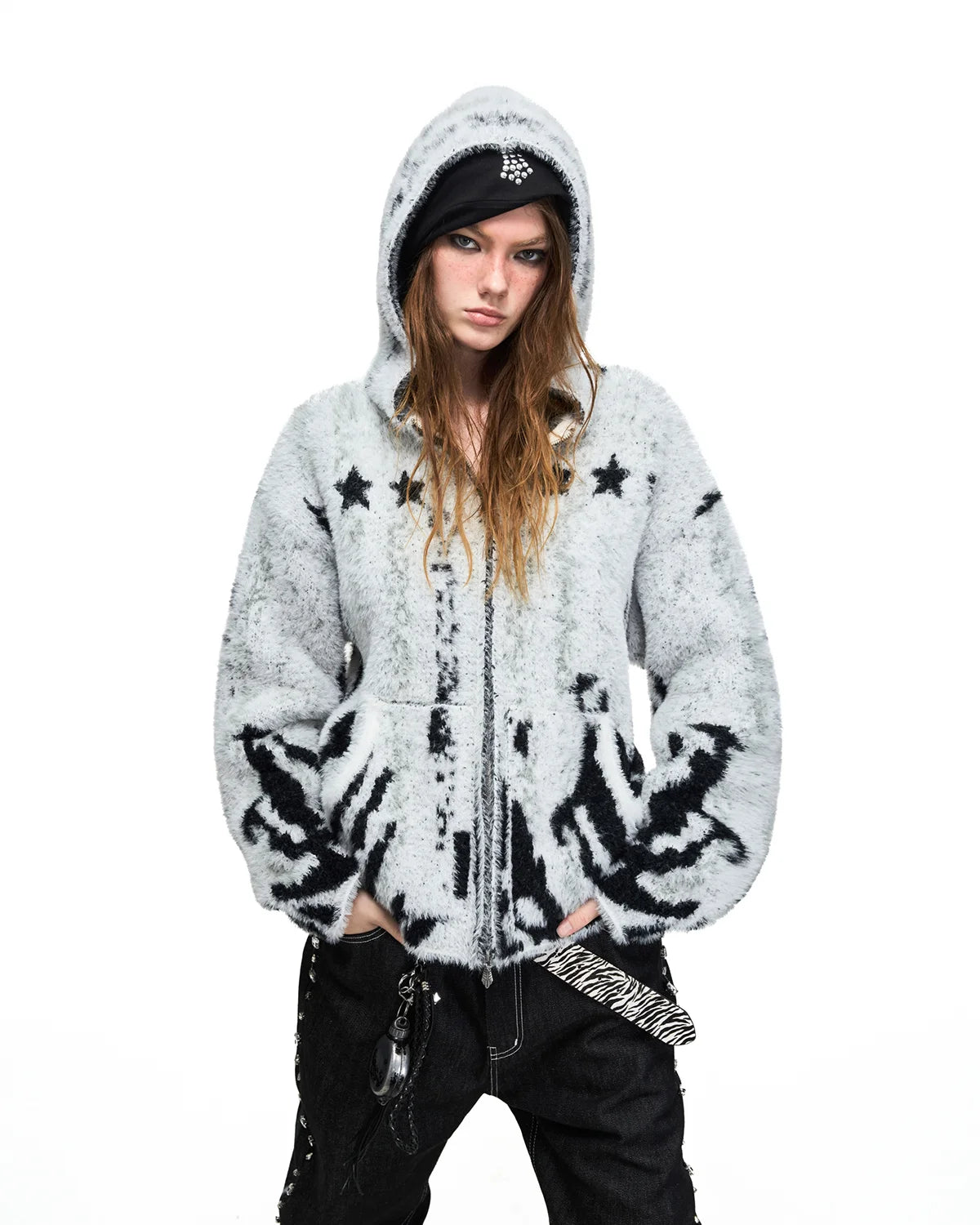 Peoplesense Tiger Jacquard Faux-Fur Knit Hooded Cardigan
