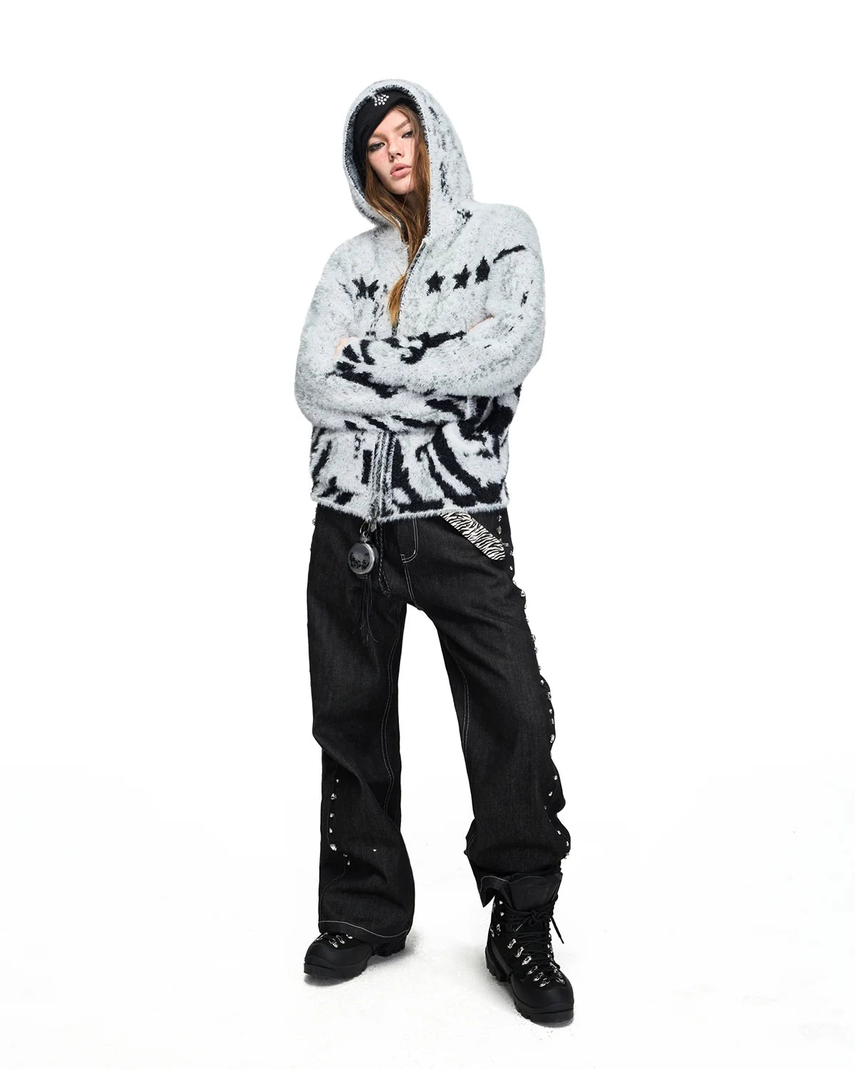 Peoplesense Tiger Jacquard Faux-Fur Knit Hooded Cardigan
