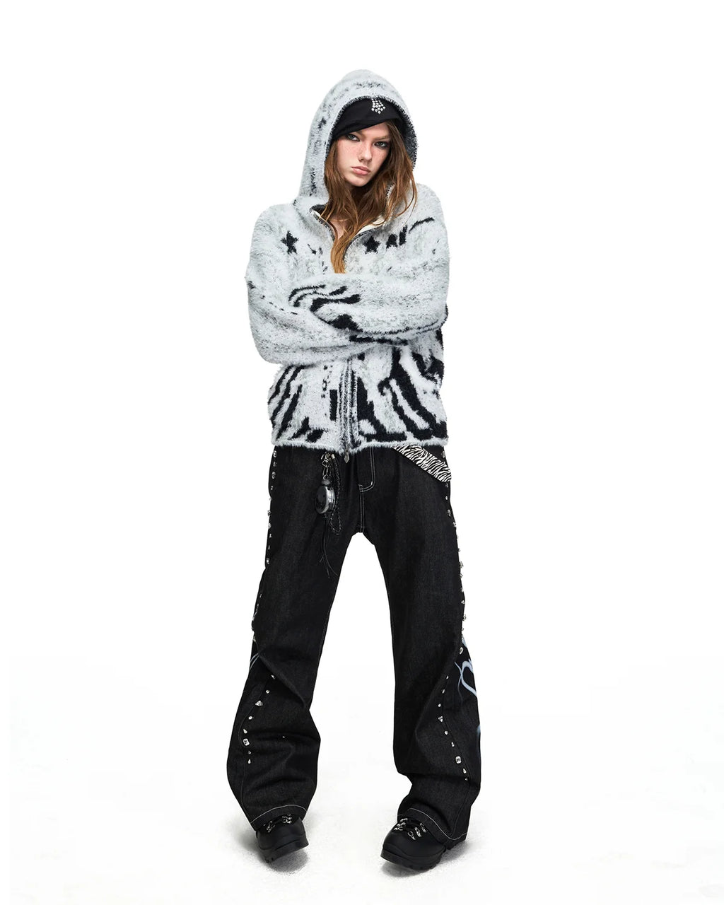 Peoplesense Tiger Jacquard Faux-Fur Knit Hooded Cardigan