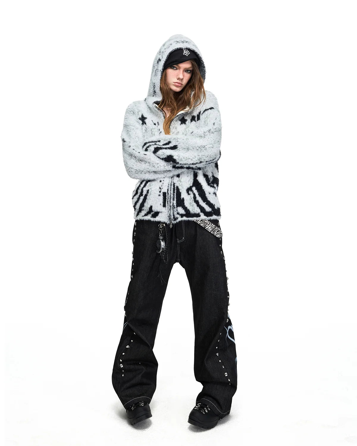 Peoplesense Tiger Jacquard Faux-Fur Knit Hooded Cardigan