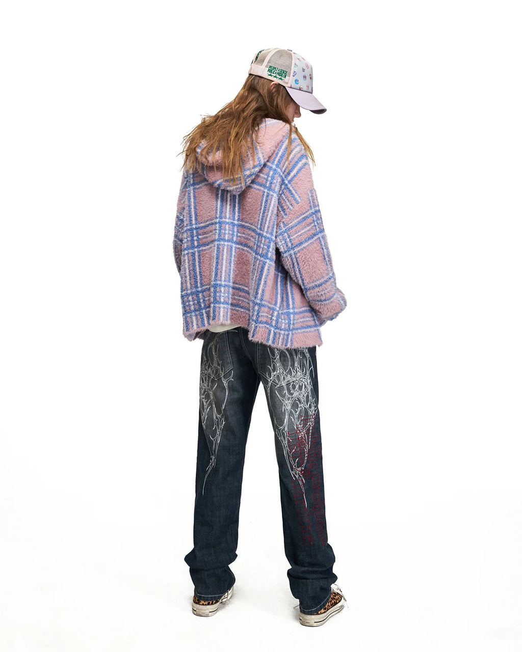 Peoplesense Gradient Plaid Faux-Fur Knit Hooded Cardigan