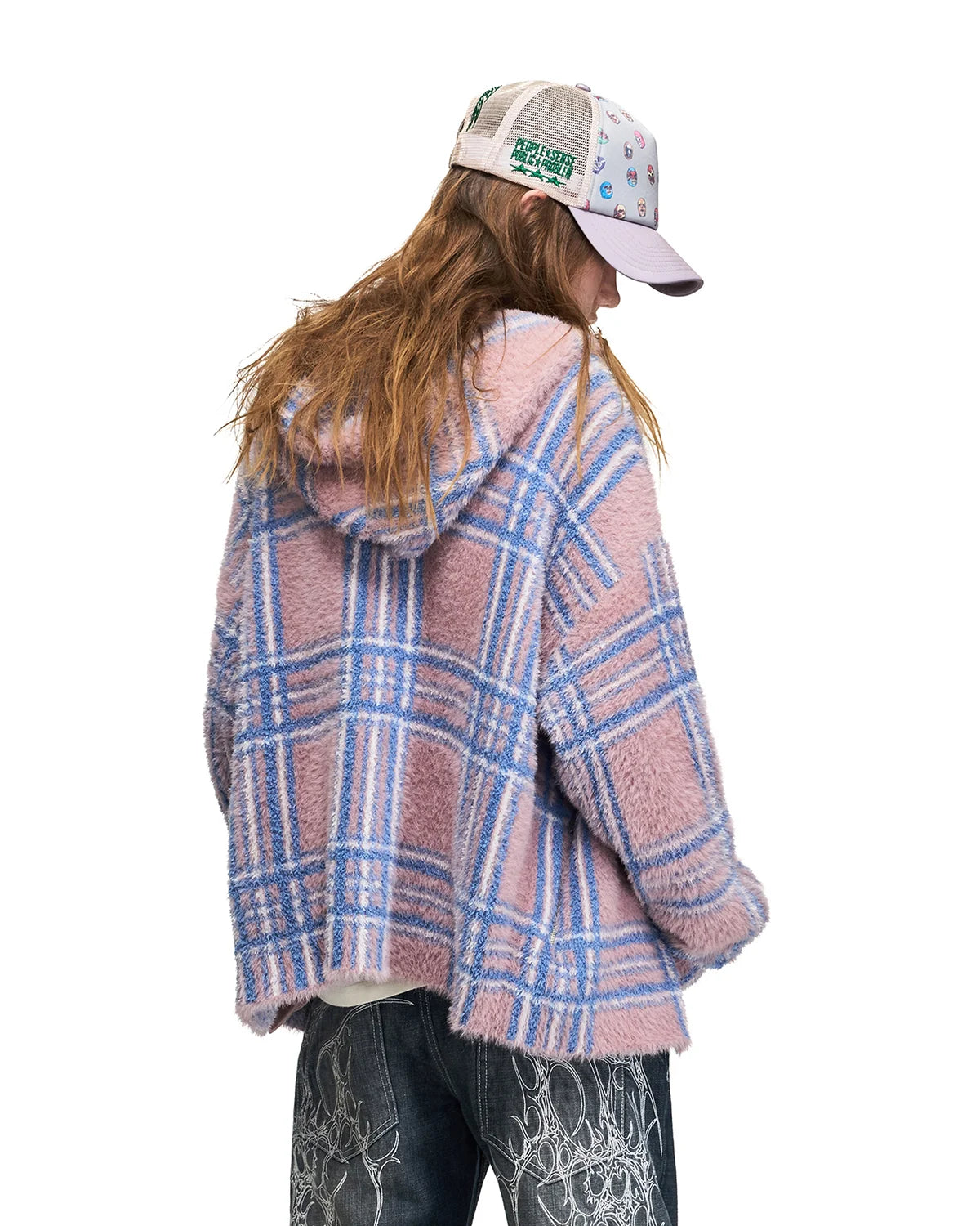 Peoplesense Gradient Plaid Faux-Fur Knit Hooded Cardigan