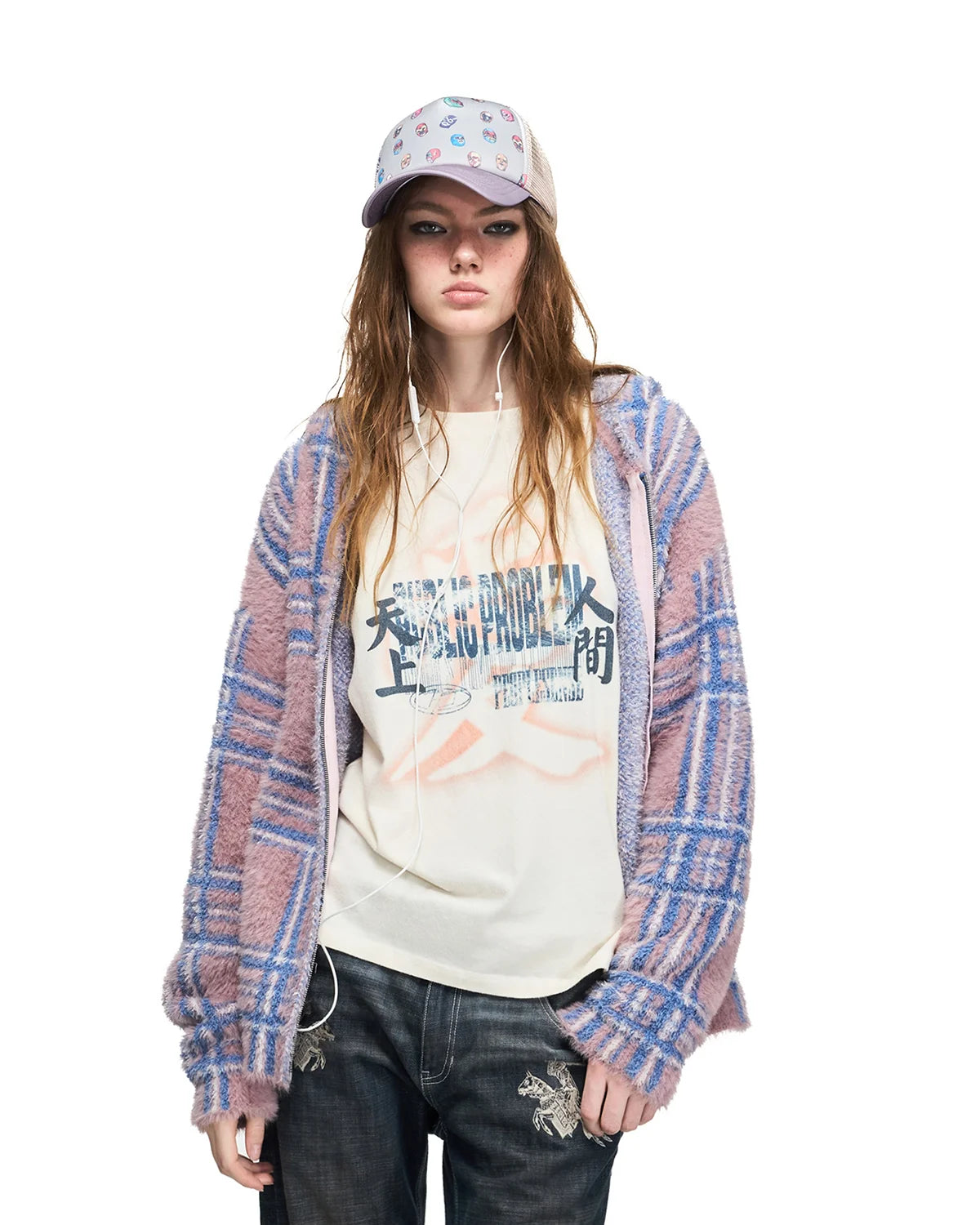 Peoplesense Gradient Plaid Faux-Fur Knit Hooded Cardigan