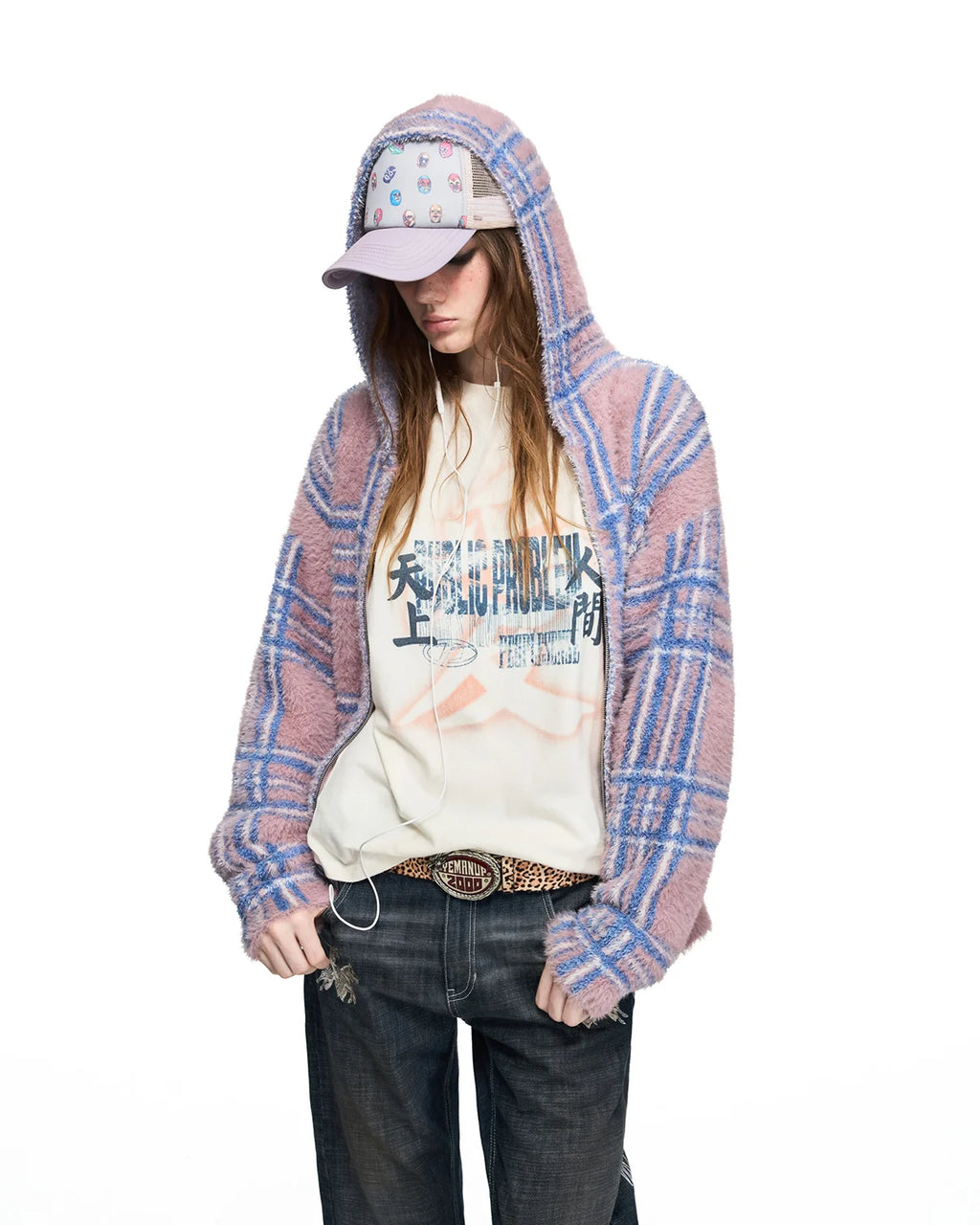 Peoplesense Gradient Plaid Faux-Fur Knit Hooded Cardigan