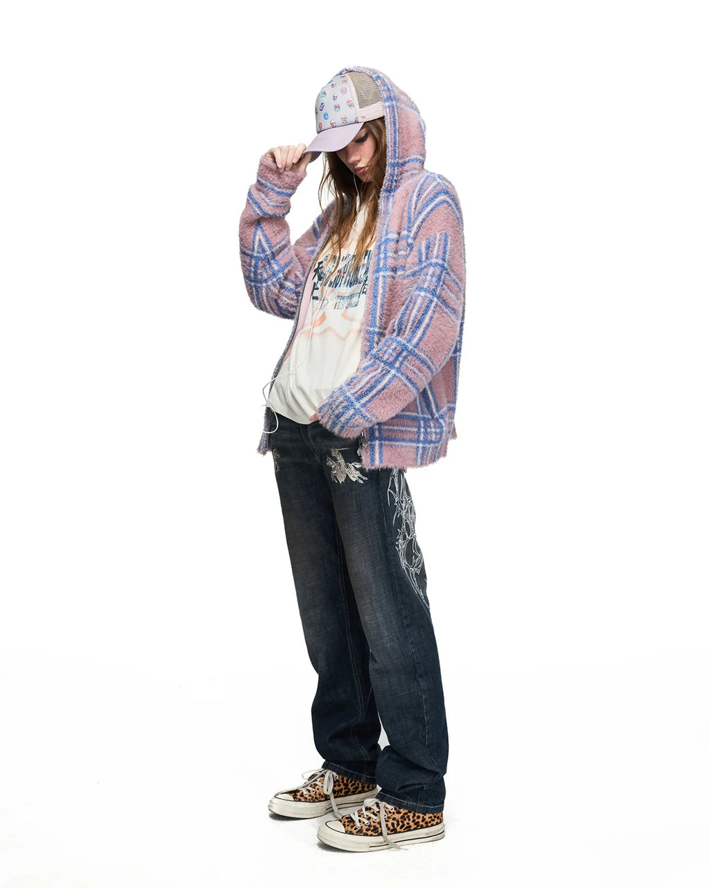 Peoplesense Gradient Plaid Faux-Fur Knit Hooded Cardigan
