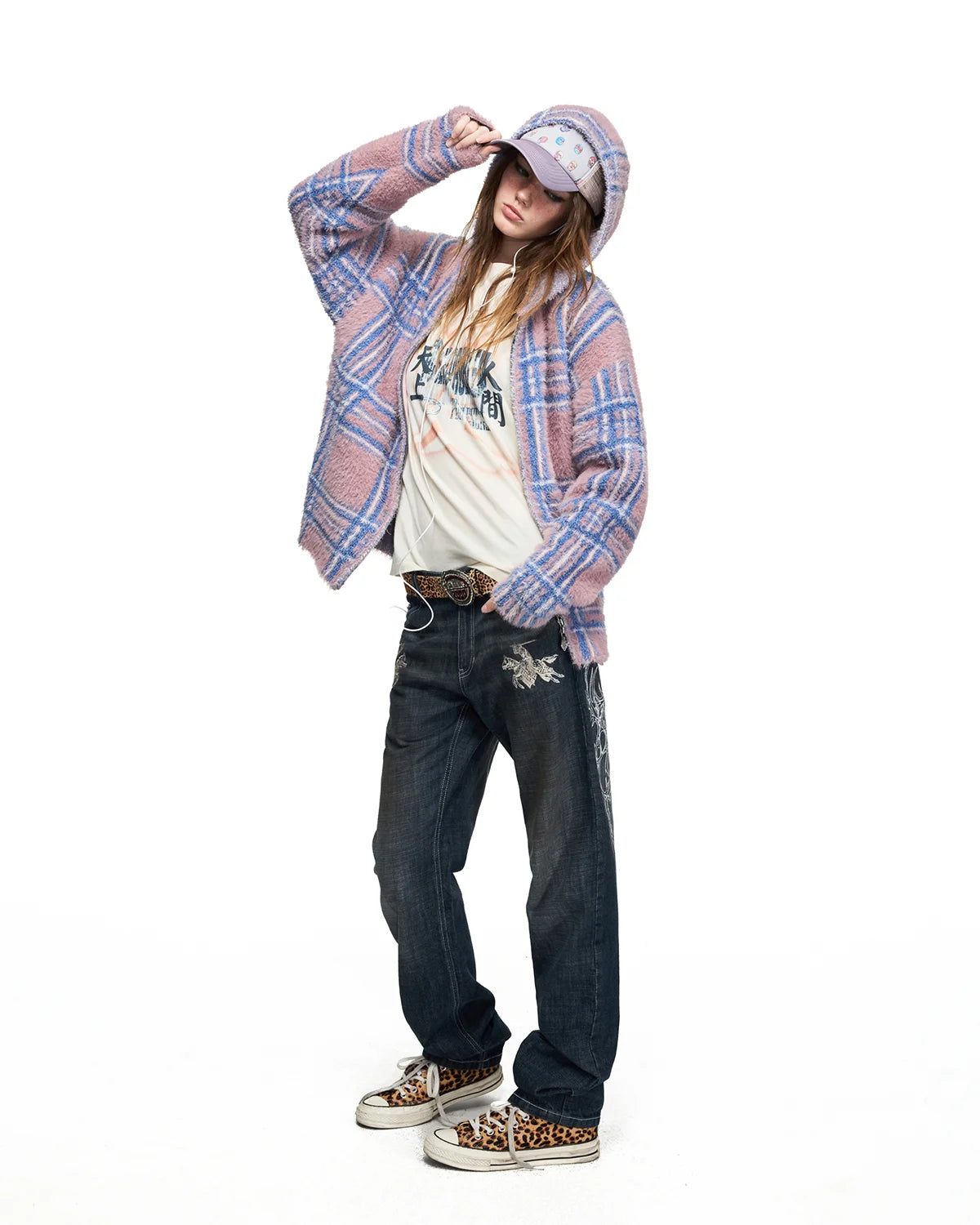 Peoplesense Gradient Plaid Faux-Fur Knit Hooded Cardigan