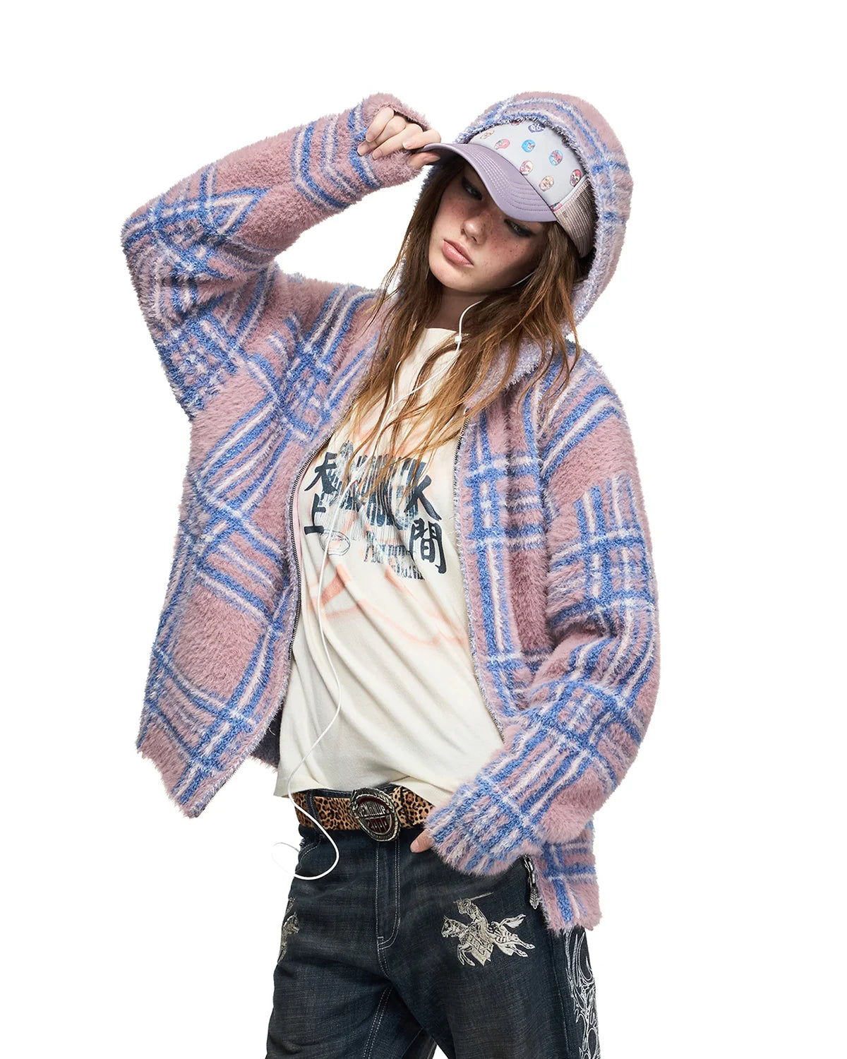 Peoplesense Gradient Plaid Faux-Fur Knit Hooded Cardigan