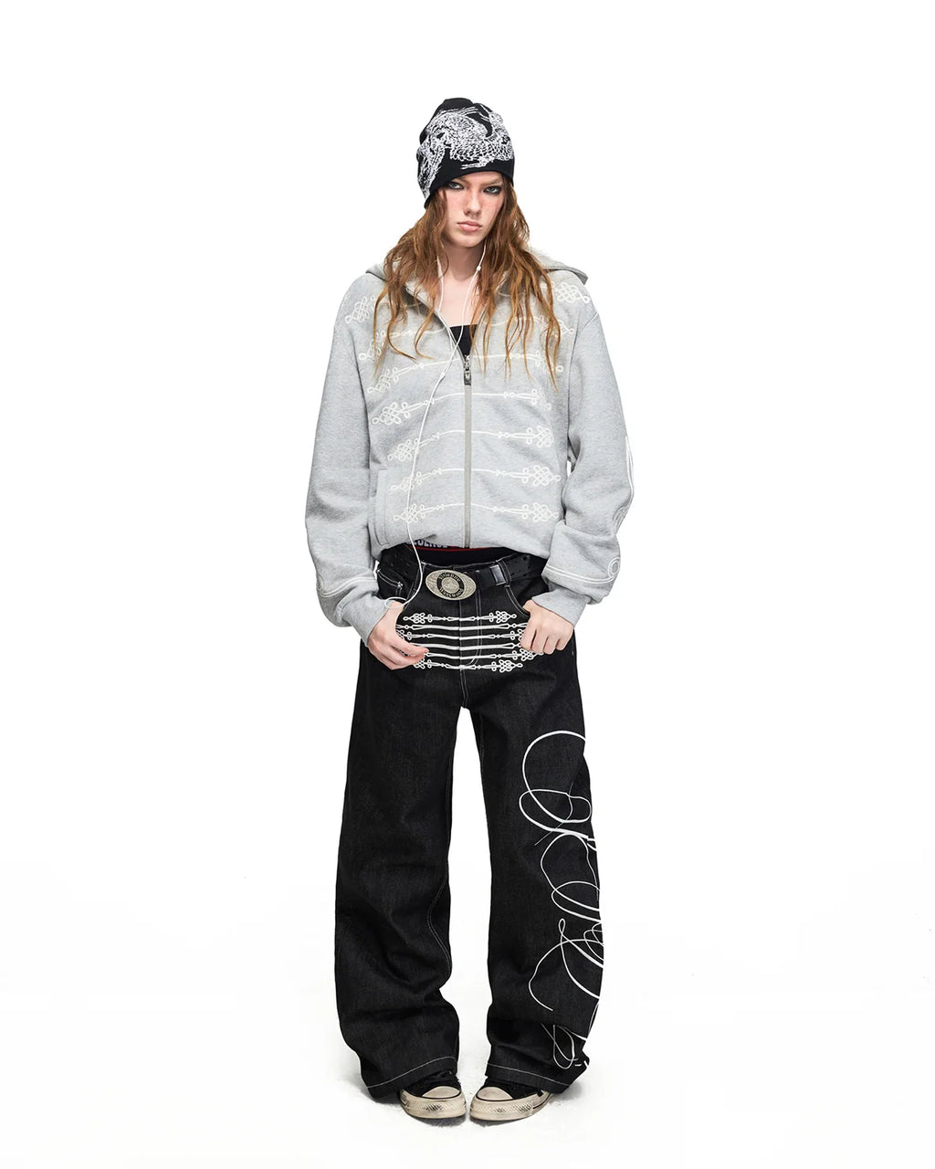 Peoplesense Chinese Knot Embroidered Raw Denim Flare Jeans