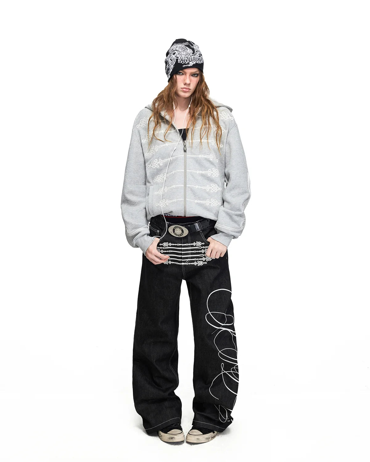 Peoplesense Chinese Knot Embroidered Raw Denim Flare Jeans