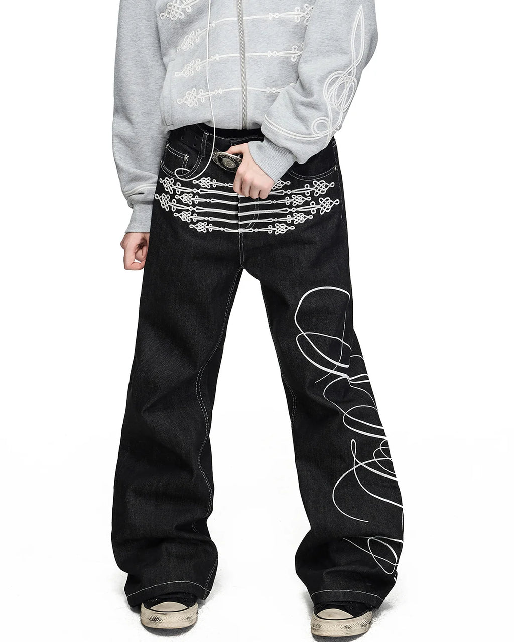 Peoplesense Chinese Knot Embroidered Raw Denim Flare Jeans