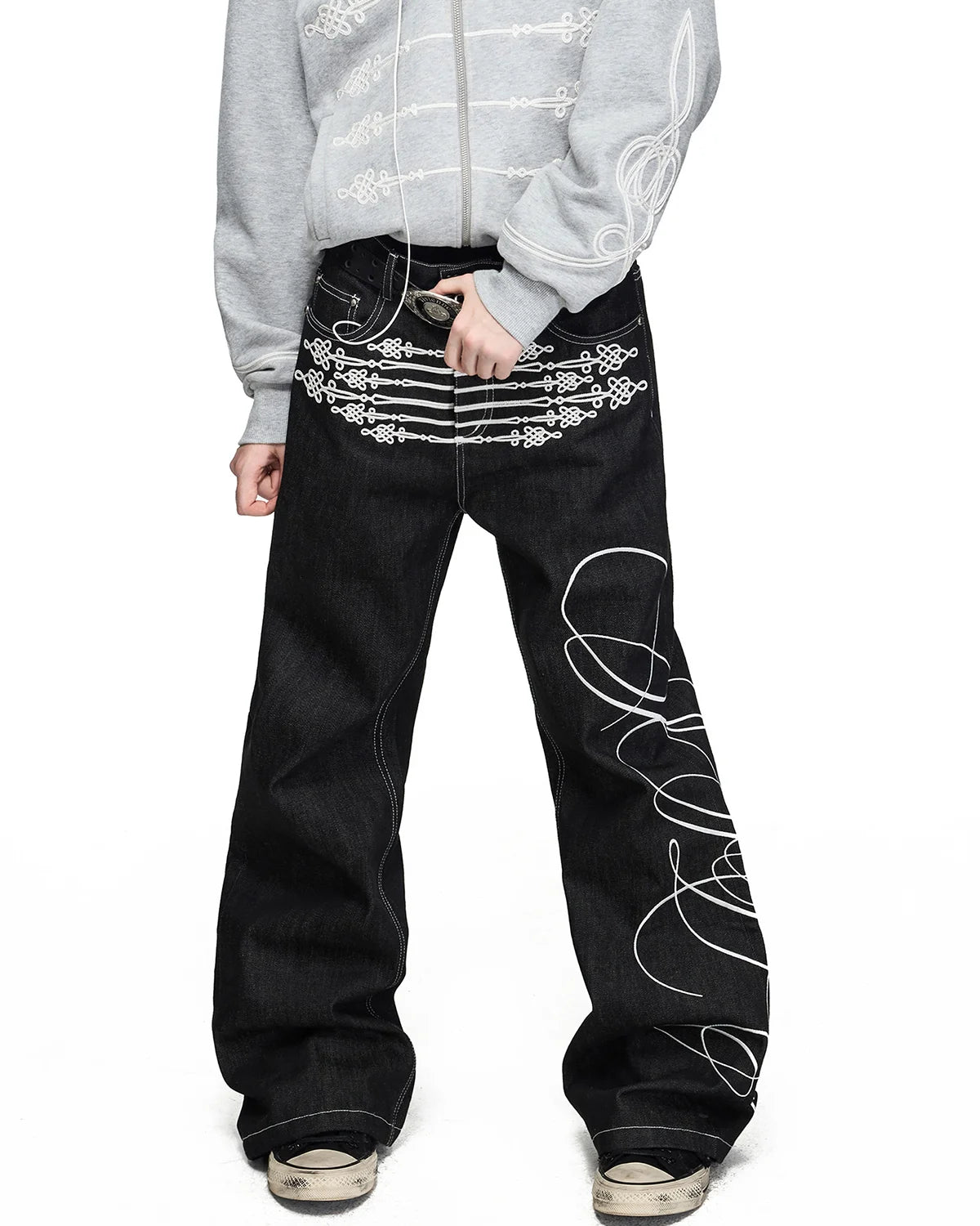 Peoplesense Chinese Knot Embroidered Raw Denim Flare Jeans