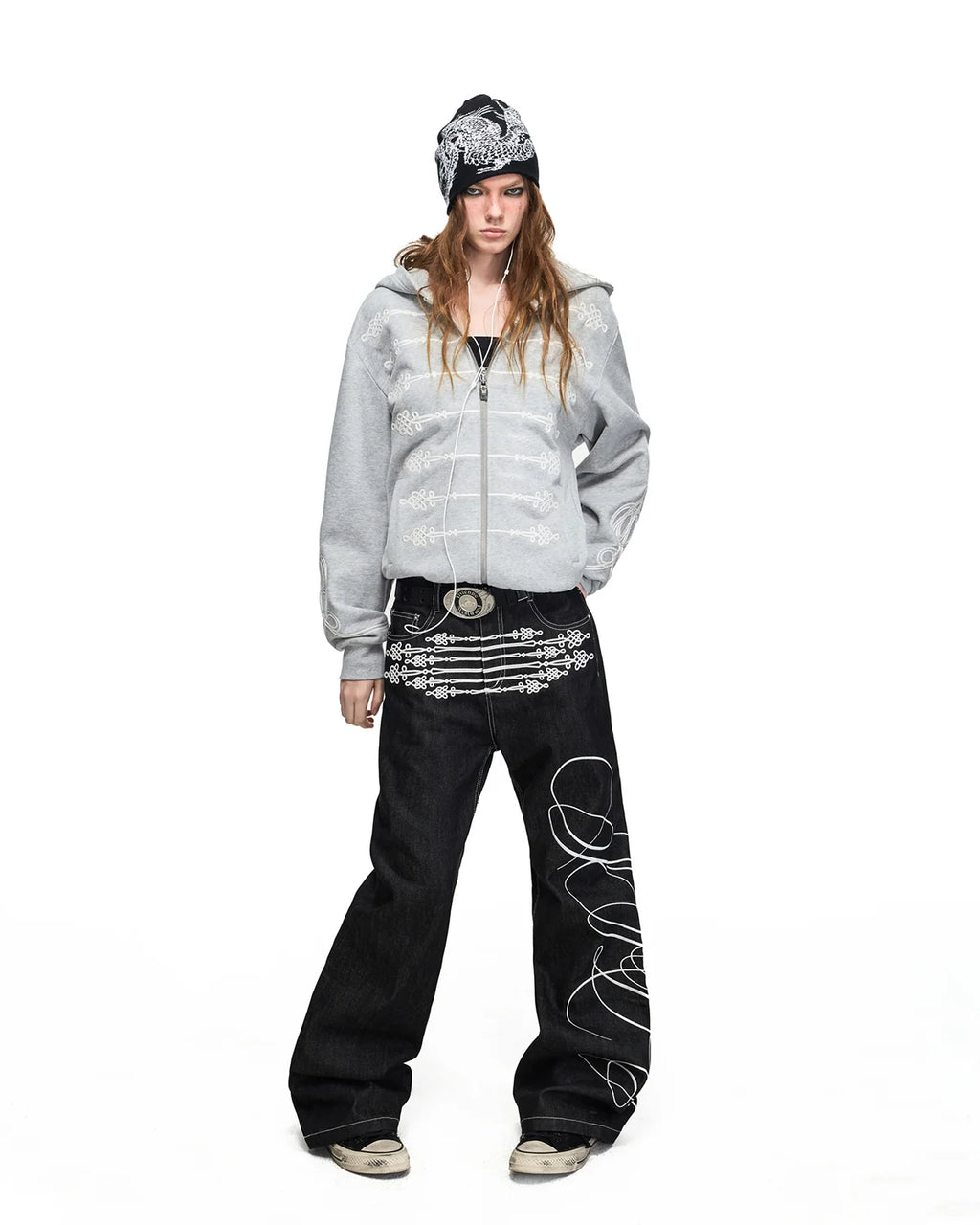 Peoplesense Chinese Knot Embroidered Raw Denim Flare Jeans