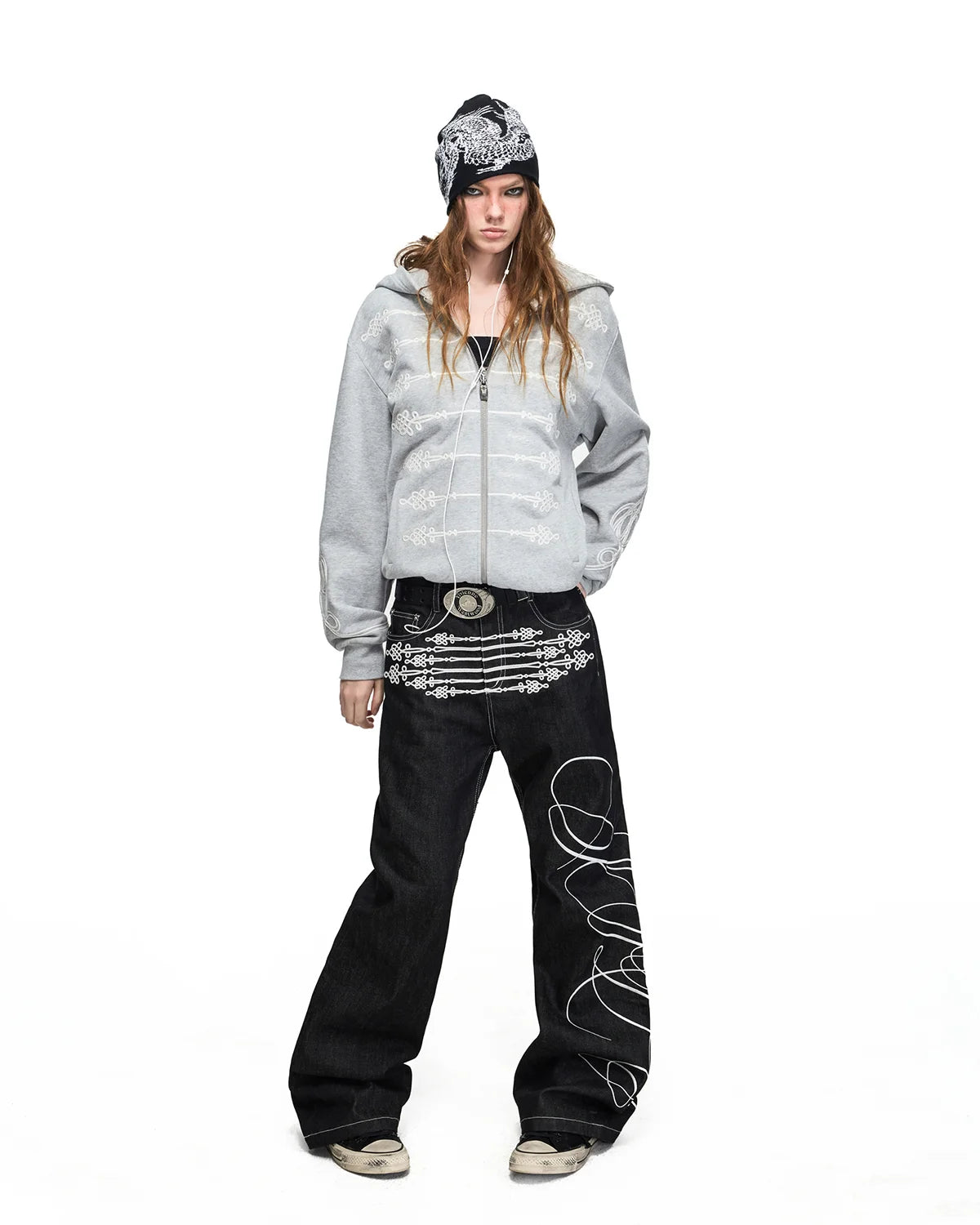 Peoplesense Chinese Knot Embroidered Raw Denim Flare Jeans
