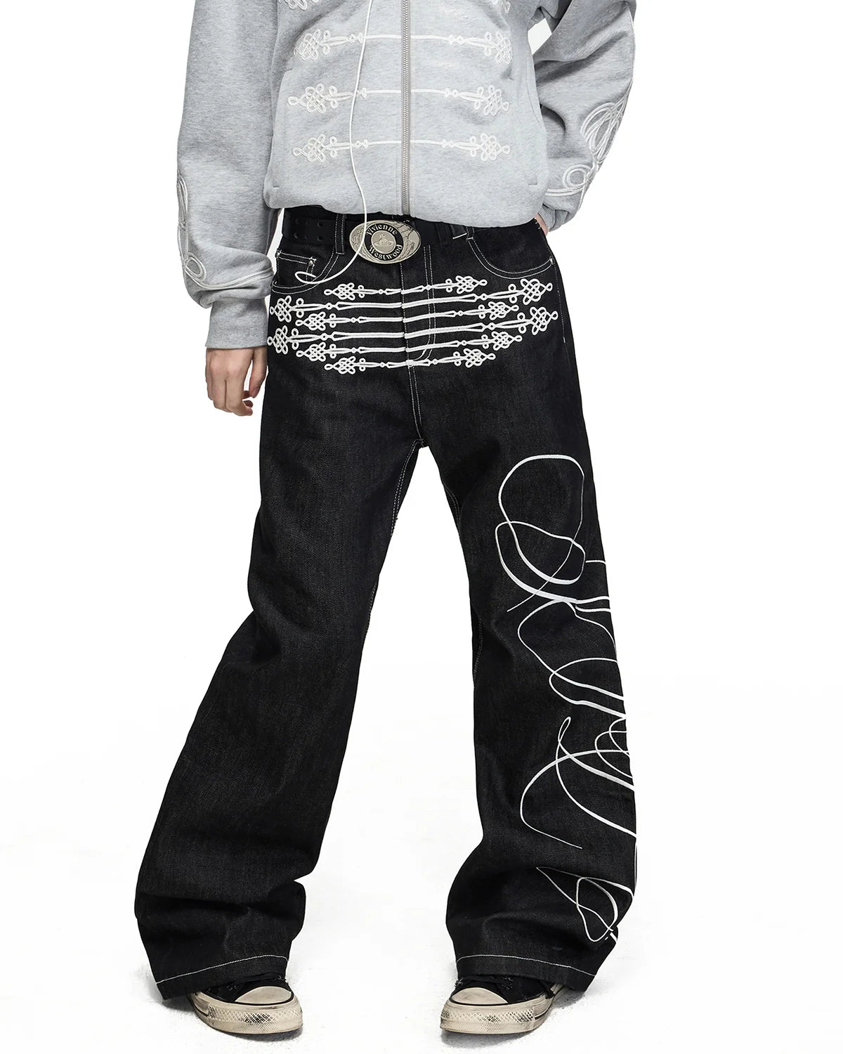 Peoplesense Chinese Knot Embroidered Raw Denim Flare Jeans