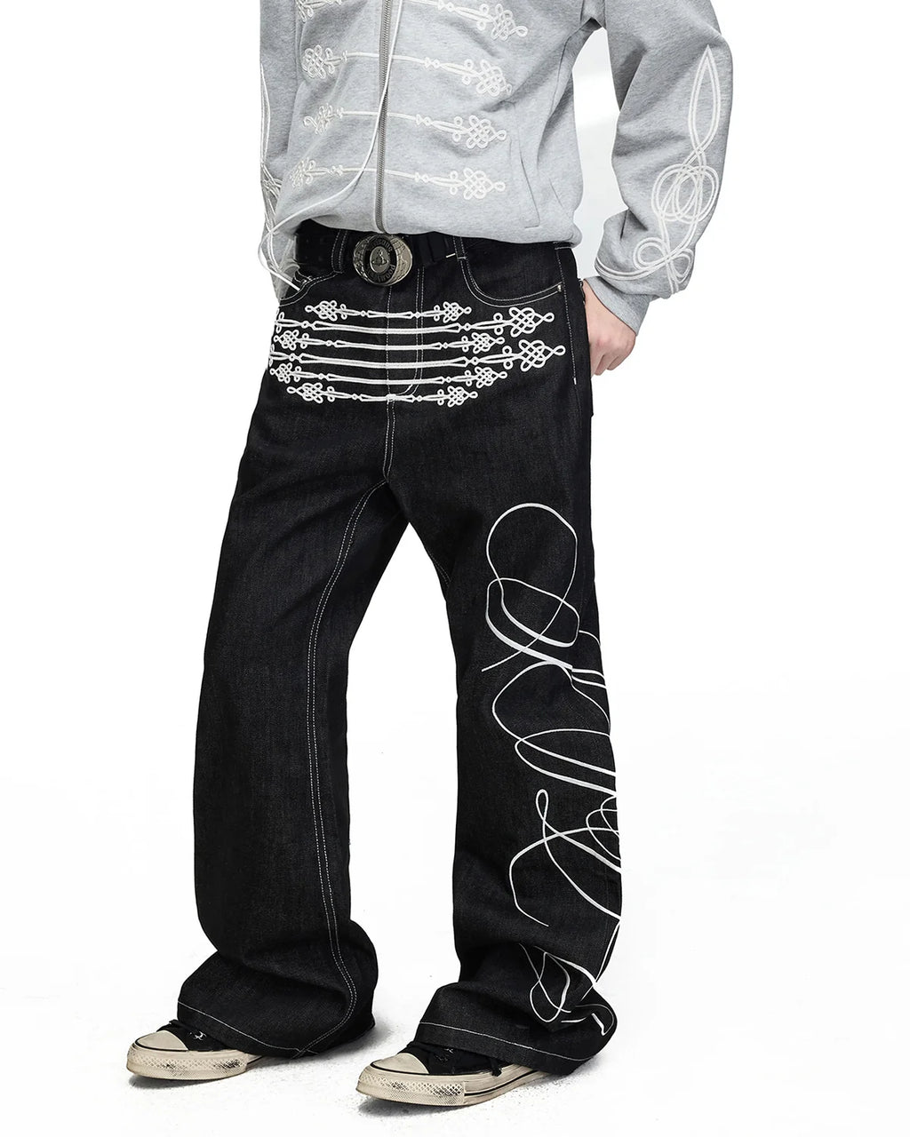Peoplesense Chinese Knot Embroidered Raw Denim Flare Jeans