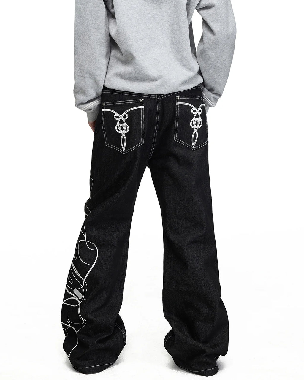 Peoplesense Chinese Knot Embroidered Raw Denim Flare Jeans