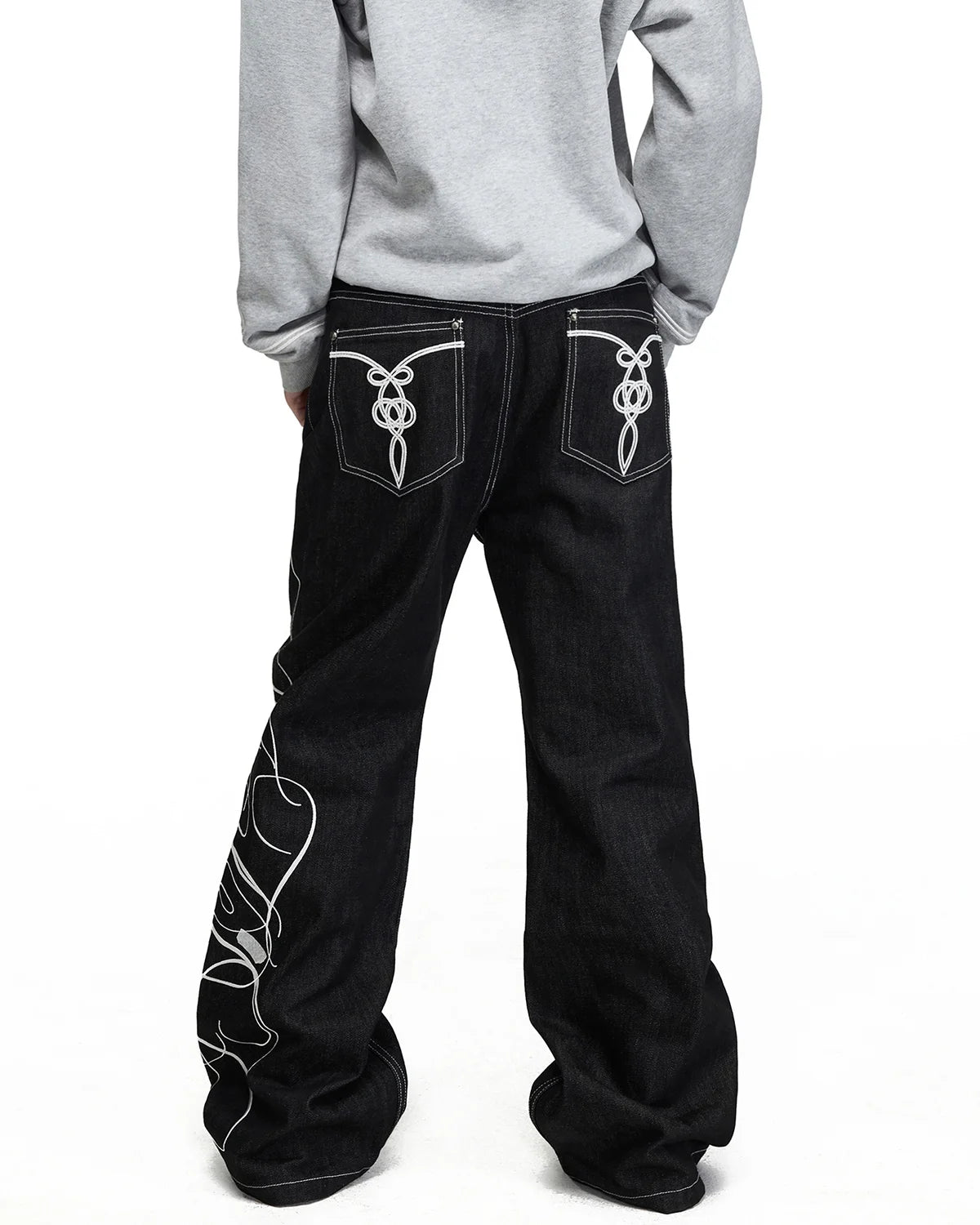 Peoplesense Chinese Knot Embroidered Raw Denim Flare Jeans