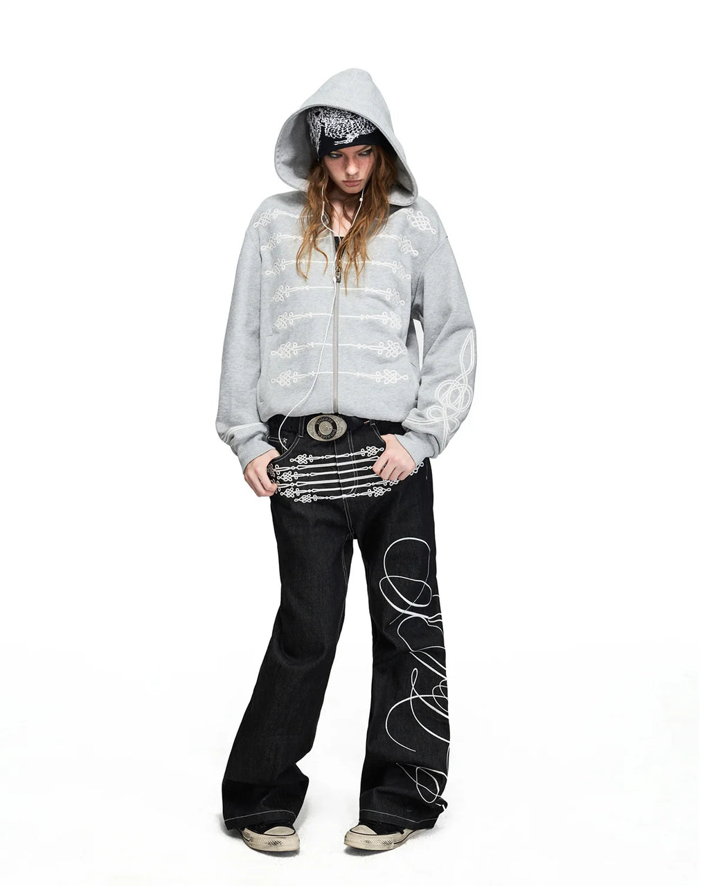 Peoplesense Chinese Knot Embroidered Raw Denim Flare Jeans