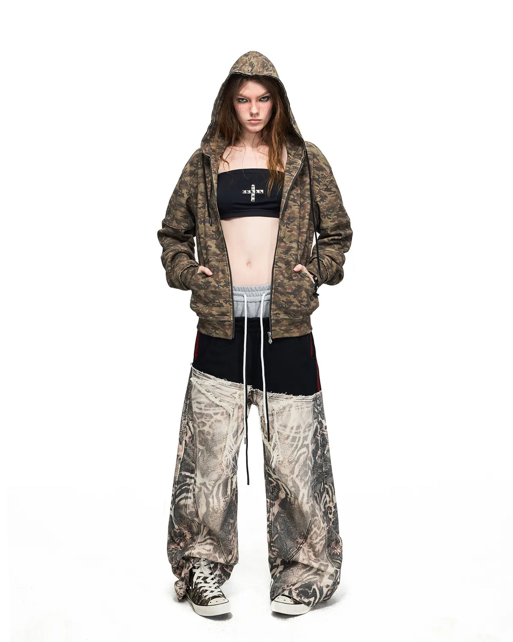 Peoplesense Grey-Black Double-Waist Animal Print Pants
