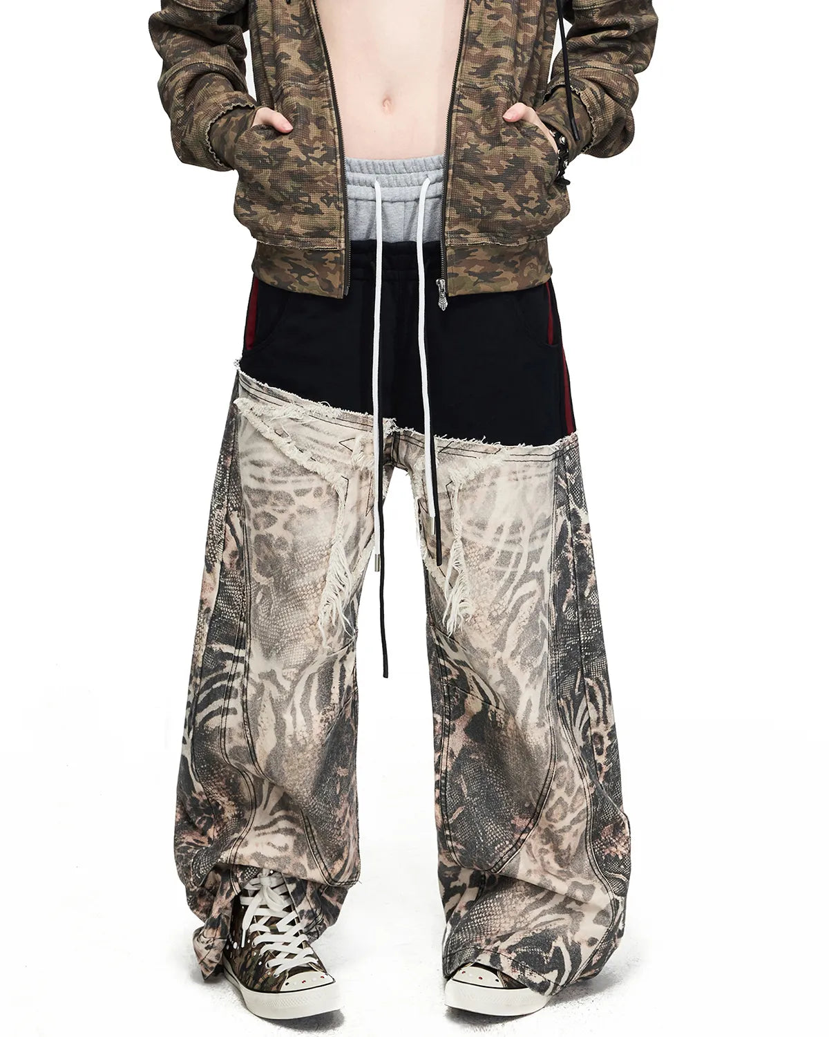 Peoplesense Grey-Black Double-Waist Animal Print Pants