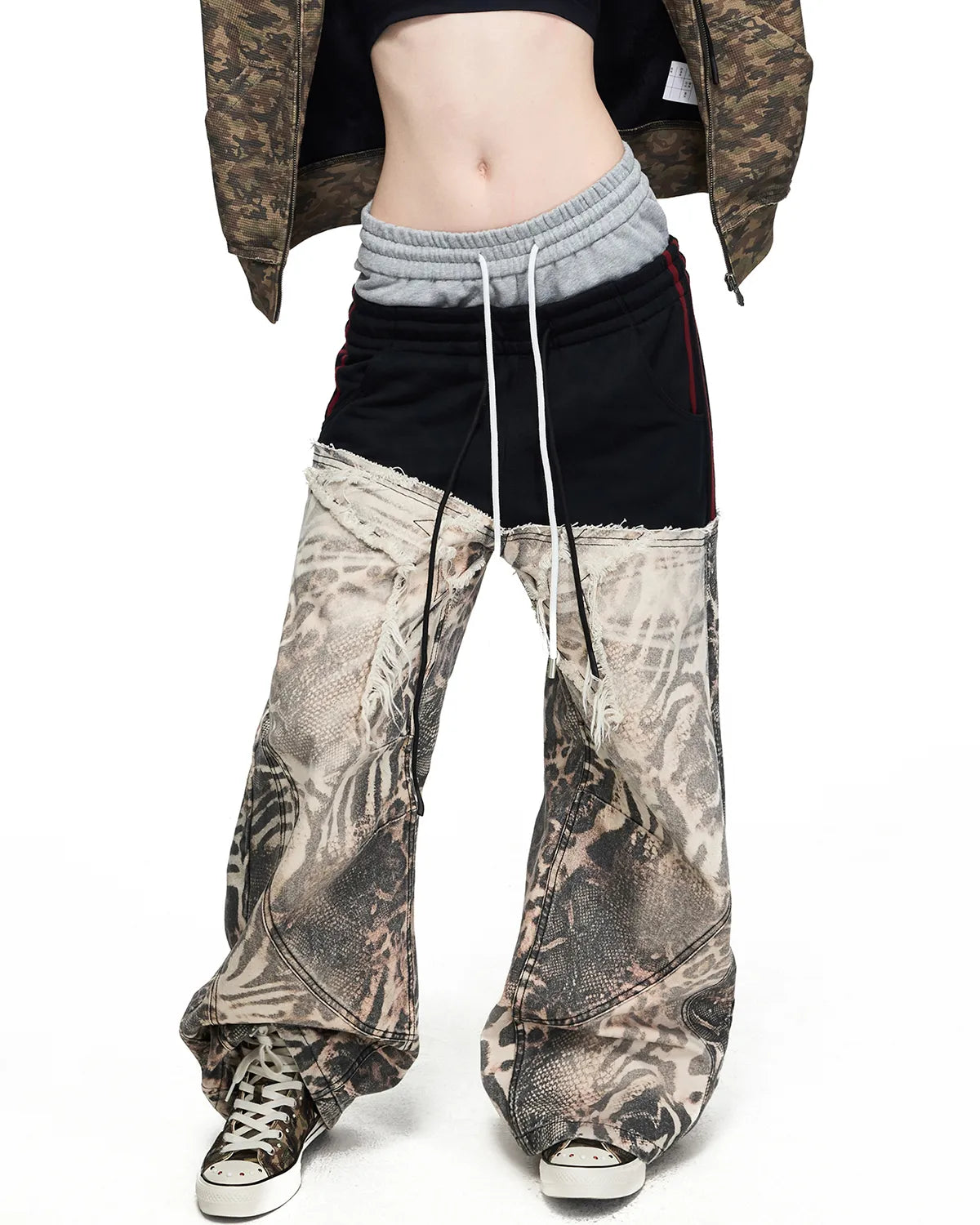 Peoplesense Grey-Black Double-Waist Animal Print Pants