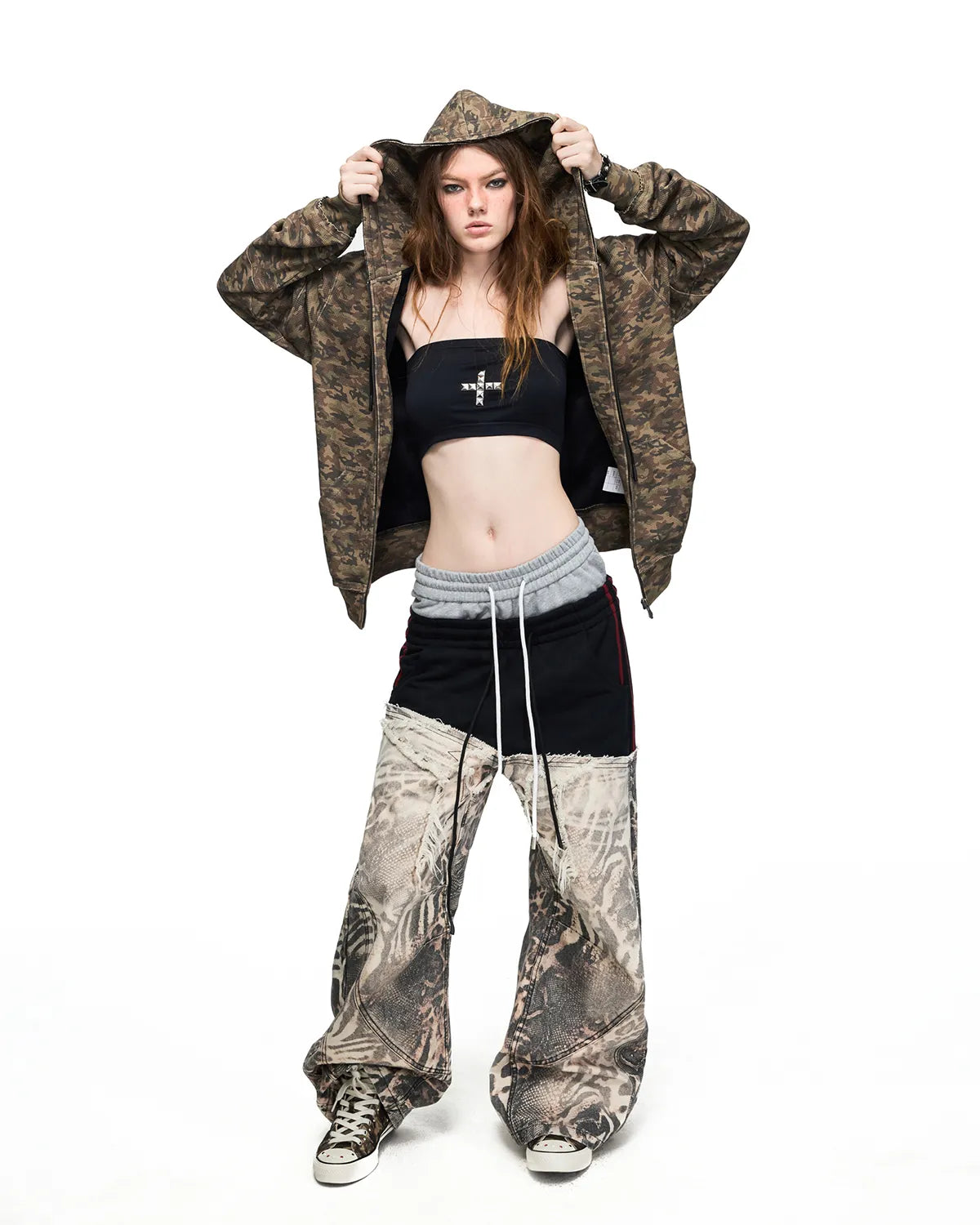 Peoplesense Grey-Black Double-Waist Animal Print Pants