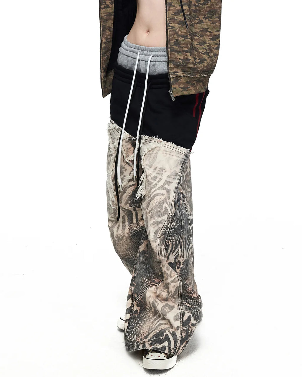 Peoplesense Grey-Black Double-Waist Animal Print Pants