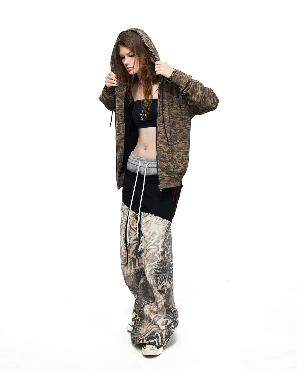 Peoplesense Grey-Black Double-Waist Animal Print Pants